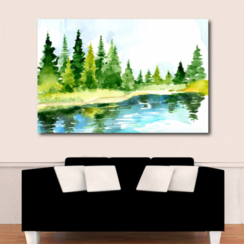 Πίνακας σε καμβά με Ζωγραφική δάσος με λίμνη